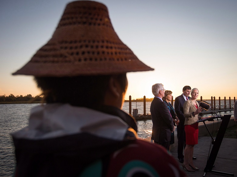 Christine Smith-Martin of the Tsimshian First Nation listens as the federal government announced approval of the Pacific NorthWest LNG project on Tuesday September 27, 2016. 