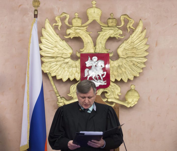 Russia's Supreme Court judge Yuri Ivanenko reads the decision in a court room in Moscow, Russia, on April 20, 2017.  