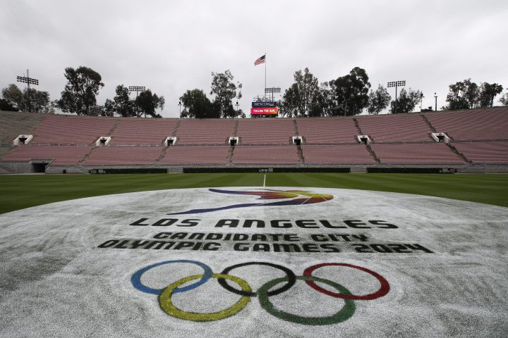 The Los Angeles 2024 logo is painted on the field at the Rose Bowl Stadium, a proposed Olympic venue, Wednesday, May 10, 2017, in Pasadena, Calif. 