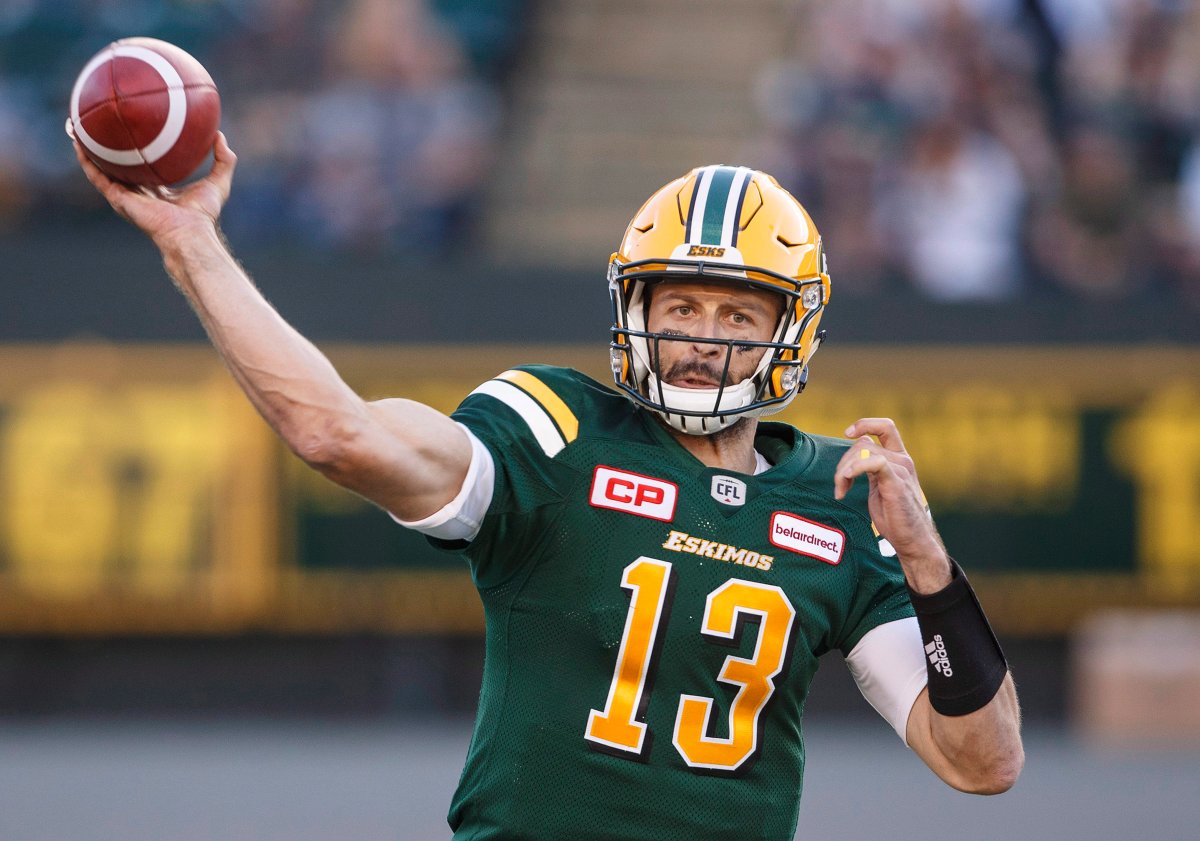 Edmonton Eskimos quarterback Mike Reilly (13) makes the throw during first half CFL action against the Montreal Alouettes, in Edmonton on Friday, June 30, 2017. 