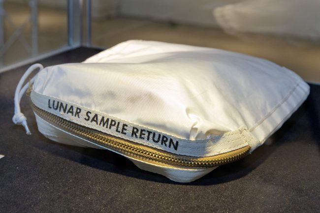 The Apollo 11 Contingency Lunar Sample Return Bag used by astronaut Neil Armstrong, to be offered at auction, is displayed at Sotheby's, in New York, July 13, 2017. 
