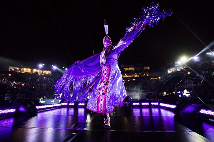 A dancer performs during the opening ceremony of the 2017 North American Indigenous Games, in Toronto on Sunday, July 16, 2017.