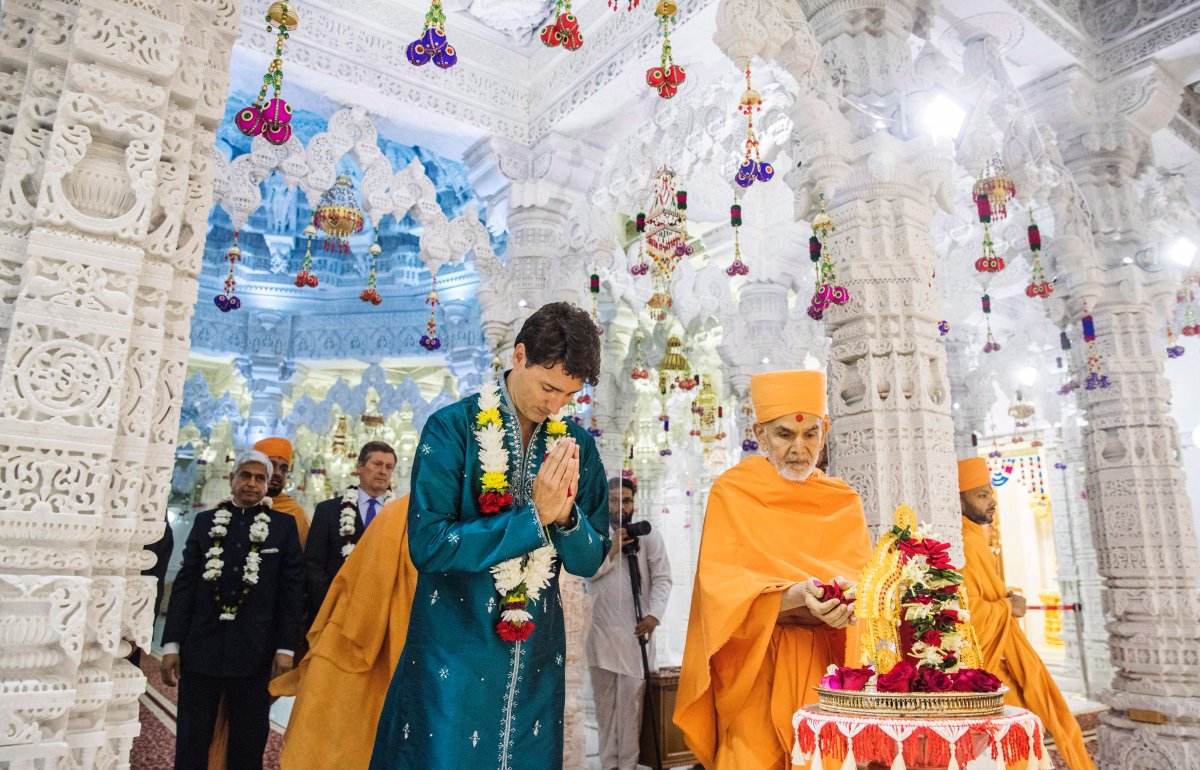 Prime Minister Justin Trudeau and Toronto Mayor John Tory, left, visit the BAPS Shri Swaminarayan Mandir to celebrate the 10th anniversary of the Hindu temple in Mississauga, Ont., on Saturday, July 22, 2017. 