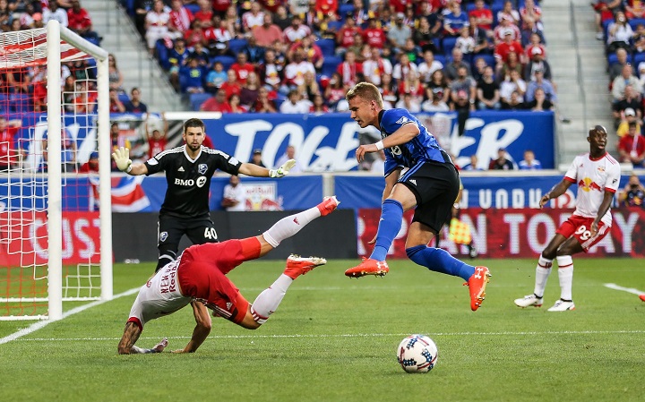 Mandatory Credit: Photo by 
Montreal Impact defender Kyle Fisher (26) collides with New York Red Bulls midfielder Daniel Royer (77) during an MLS game between the Montreal Impact and the New York Red Bulls at Red Bull Arena in Harrison, NJ
MLS Montreal Impact vs New York Red Bulls, Harrison, USA - 29 Jul 2017.