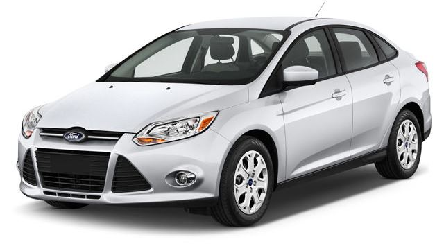 A 2012 white, four-door Ford Focus.