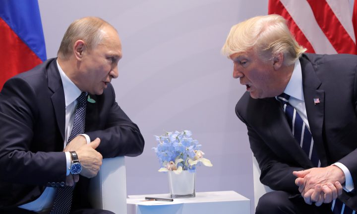 U.S. President Donald Trump speaks with Russian President Vladimir Putin during their bilateral meeting at the G20 summit in Hamburg, Germany on July 7. Relations between the two countries are strained amid new sanctions and diplomatic expulsions.