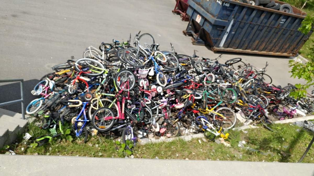 A pile of bikes sits at the ecocentre in Vaudreuil-Soulanges, Thursday, July 13, 2017.