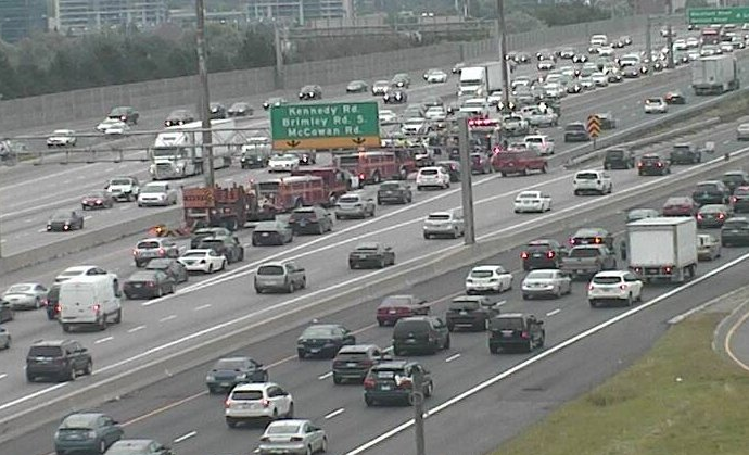 Six people were hurt in a multi-vehicle crash on Hwy. 401 east of Warden Ave.
