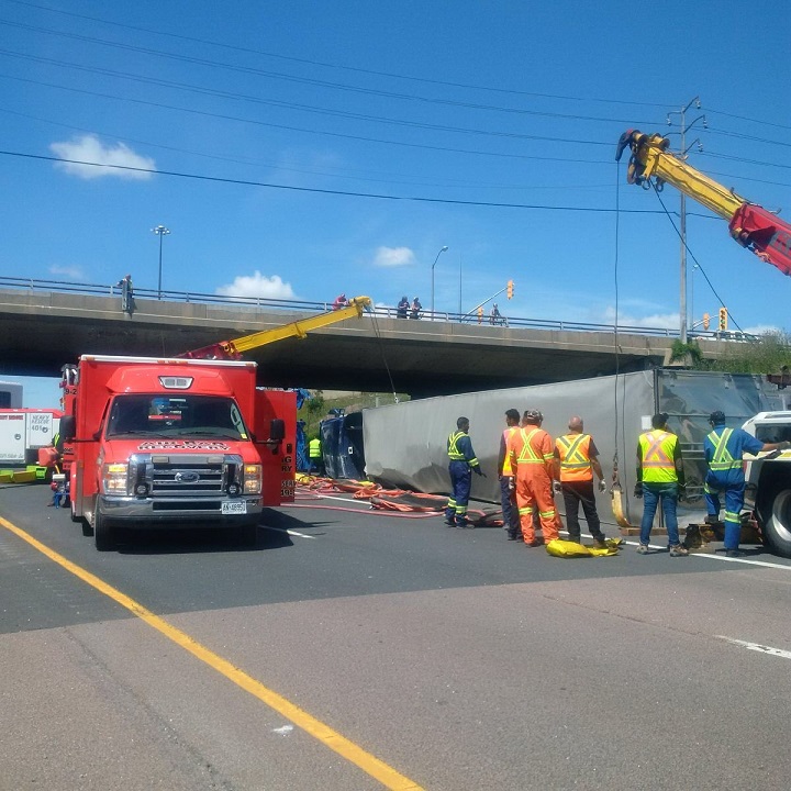 Scene of a truck rollover on Hwy. 427 early Monday.
