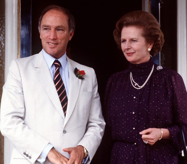 Margaret Thatcher and Pierre Trudeau meet in Australia, Oct. 4, 1981, less than three months after her “schoolboy” comment.