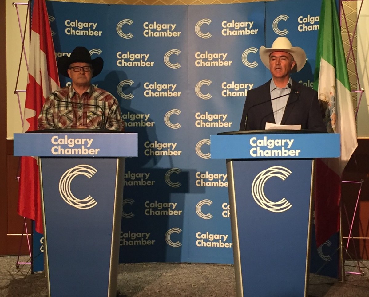 Agriculture Minister Lawrence MacAulay and his Mexican counterpart discuss trade between the two countries at an event in Calgary on July 13, 2017.