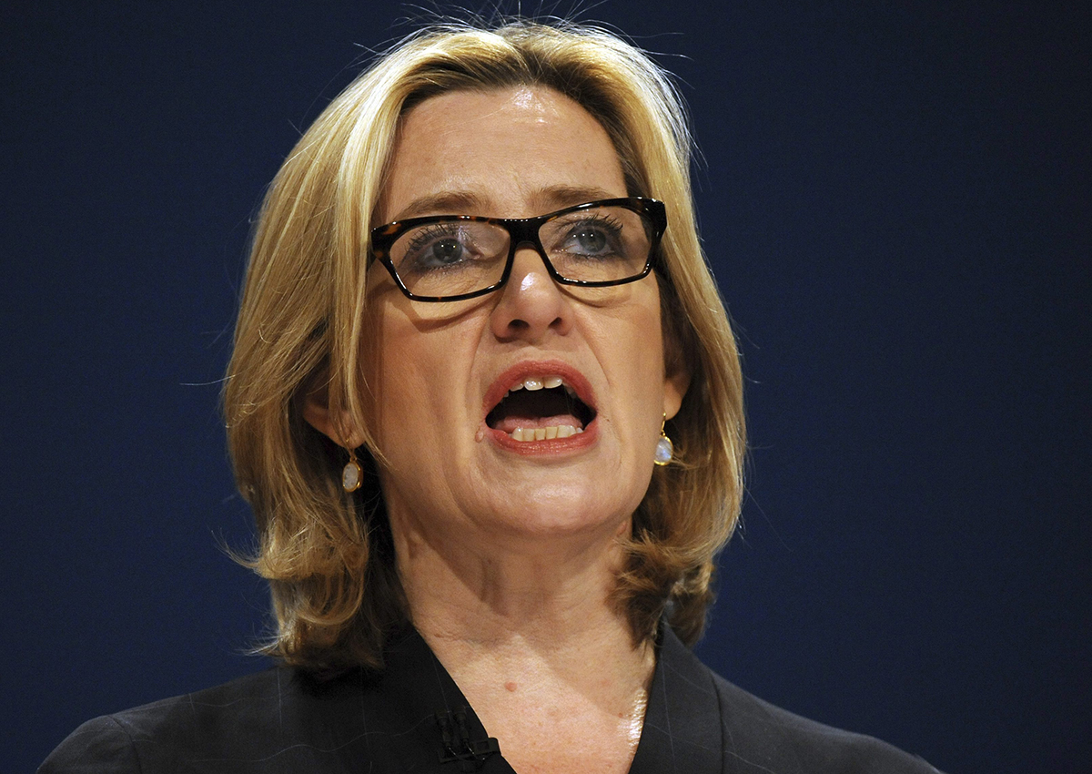 This is a Tuesday, Oct. 4, 2016  file photo of  Britain's Home Secretary Amber Rudd as she addresses delegates during a speech at the Conservative Party Conference at the ICC, in Birmingham, England.