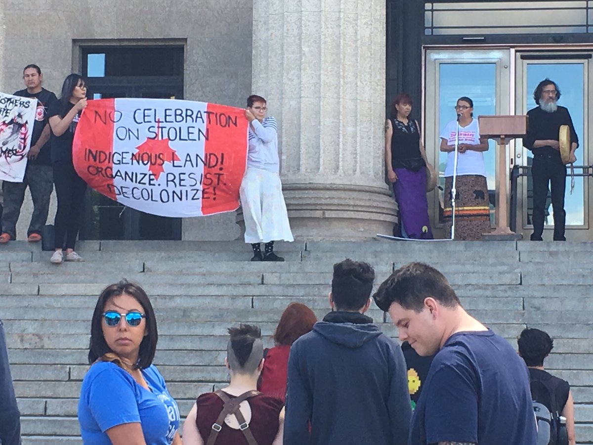 Activists took to the steps of the Manitoba Legislature to stand up against Canada Day.