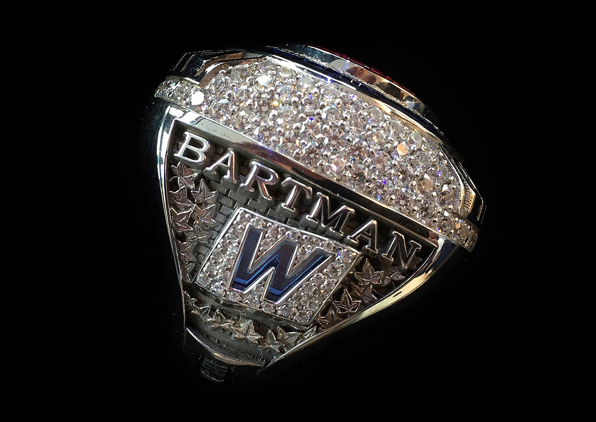 This photo provided by the Chicago Cubs baseball team shows a 2016 World Series championship ring the team announced Monday, July 31, 2017, they were giving to Steve Bartman.