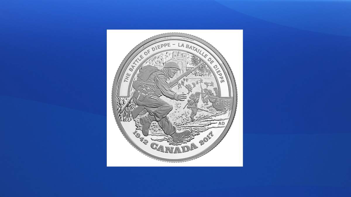 A silver coin to commemorate the raid on Dieppe during the Second World War. Veterans objected to the event being called a "battle" on the coin.