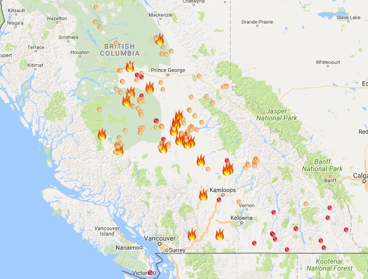 The location of the wildfires burning around B.C. as of 12:30 p.m. Thursday, July 13.