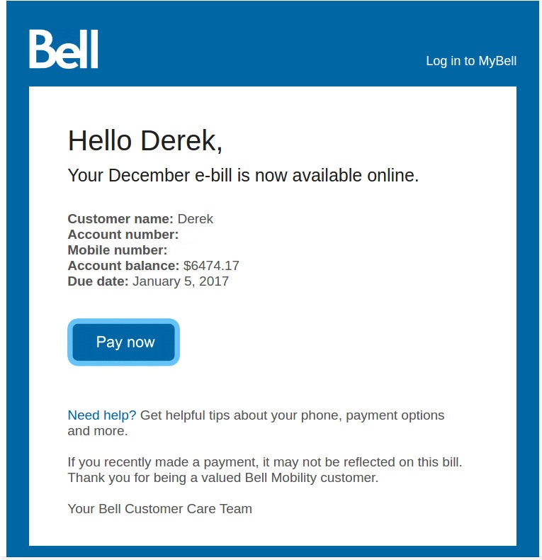 A bill that Bell sent to "Derek," an Orangeville, Ont. man who said he only used nine per cent more data than his plan allowed.