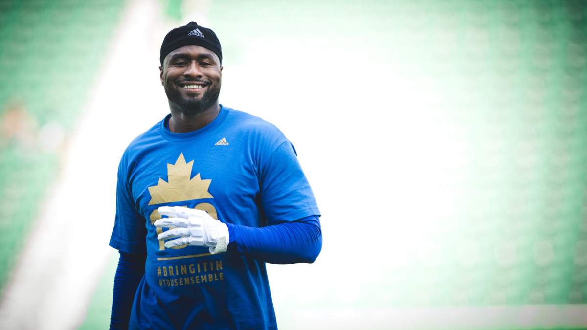 Jamaal Westerman (55) of the Winnipeg Blue Bombers before the game at New Mosaic Stadium in Regina, SK, Saturday, July 1st, 2017. 