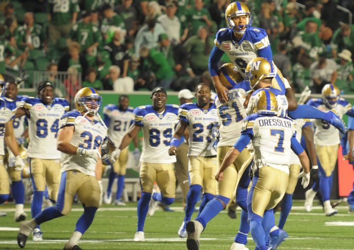 Justin Medlock kicked a 28-yard field goal in overtime to give the Blue Bombers a 43-40 walk-off victory over the Roughriders.