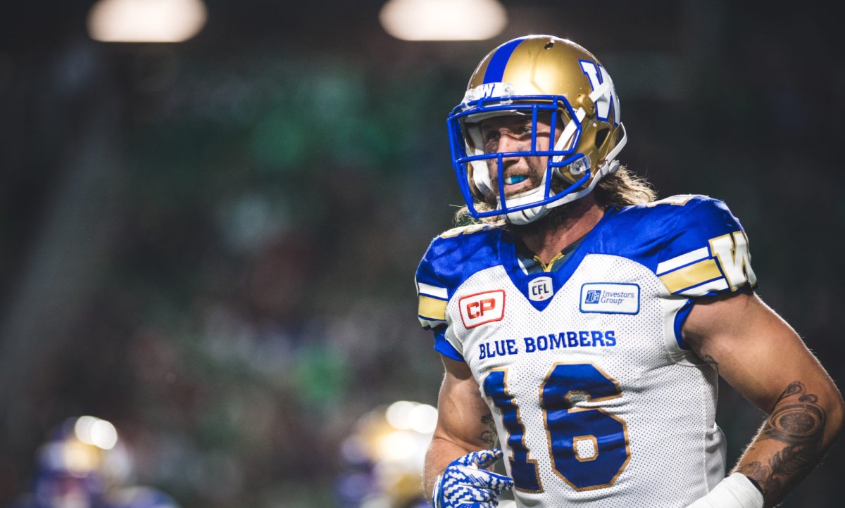 Taylor Loffler (16) of the Winnipeg Blue Bombers during the game at New Mosaic Stadium in Regina, SK, Saturday, July 1st, 2017. 