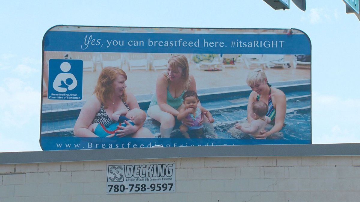 A billboard goes up in south Edmonton in support of mothers breastfeeding in public, Saturday, July 8, 2017. 