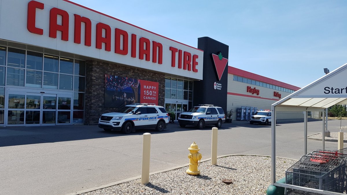Regina Police were at the Canadian Tire on Prince of Wales Drive investigating a phone call involving the threat of the use of firearms. 
