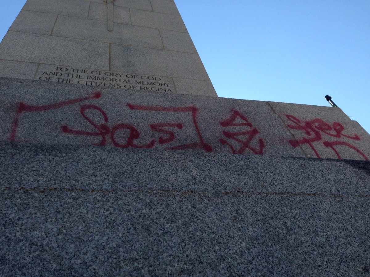 The cenotaph in Victoria Park was vandalized with red graffiti scrawled on the monument and nearby.