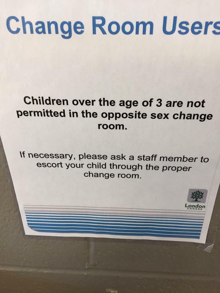 Signs posted at various municipal pools in London stated that children over three years old are not permitted to go into the opposite gender change room.