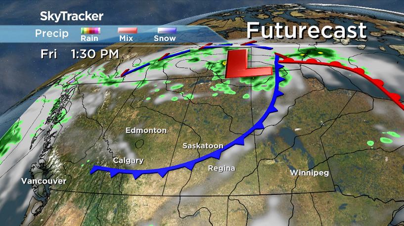 A cold front will sweep across central Saskatchewan on Friday bringing some temporary relief from the 30 degree heat.