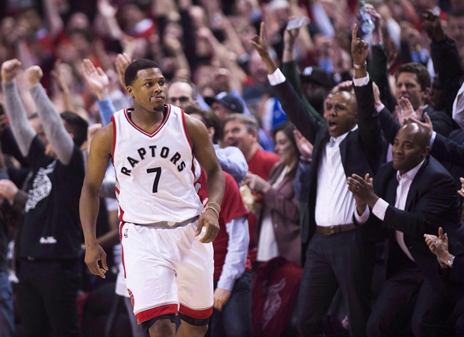 The crowd reacts after Toronto Raptors guard Kyle Lowry (7) a basket in the last seconds of second half NBA playoff basketball action against the Milwaukee Bucks in Toronto on April 18, 2017.