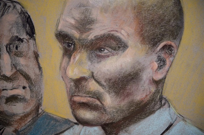 Bertrand Charest is seen on a court drawing during a bail hearing, on March 16, 2015 in St-Jerome, Que. The Crown is seeking a 12-year prison term for a former national ski coach who was convicted this year on sex-related charges involving nine of his young students.Prosecutor Caroline Lafleur says a dissuasive sentence is necessary. Friday, Dec. 8, 2017.