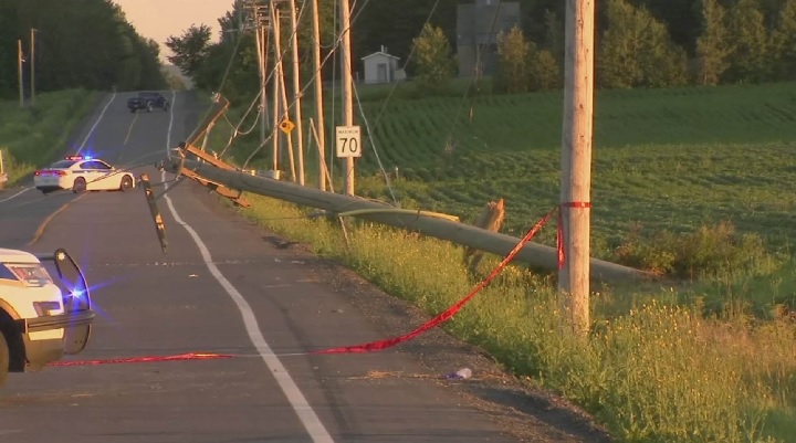 Two people are in hospital after their vehicle swerved into a utility pole before bursting into flames in Terrebonne early Saturday morning. July 29, 2017.