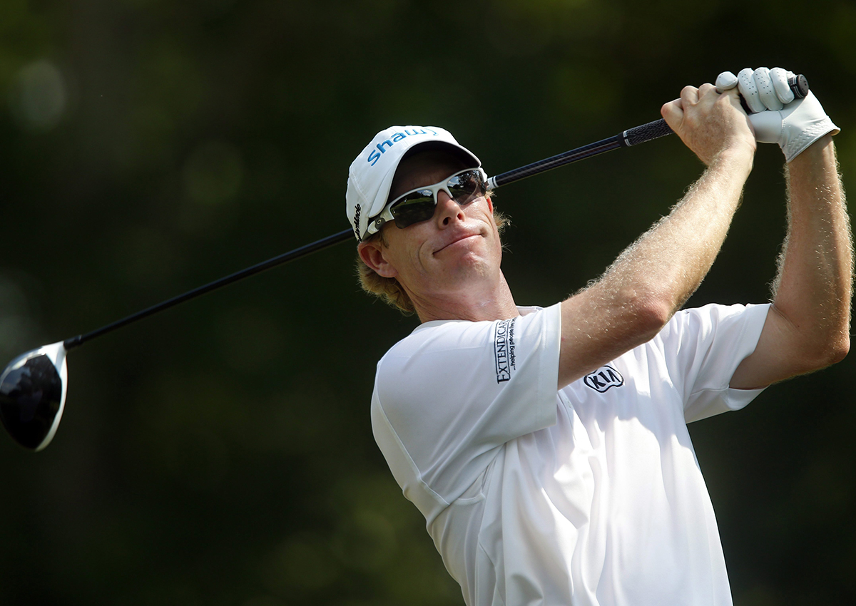 David Hearn, of Canada, tees off on the fourth hole in the final round of the Barbasol Championship golf tournament, Sunday, July 23, 2017, in Opelika, Ala.