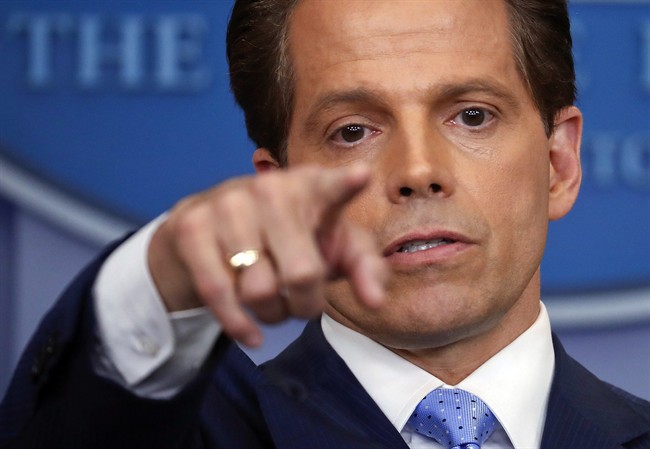 White House communications director Anthony Scaramucci points as he answers questions from members of the media during the press briefing in the Brady Press Briefing room of the White House in Washington, Friday, July 21, 2017.