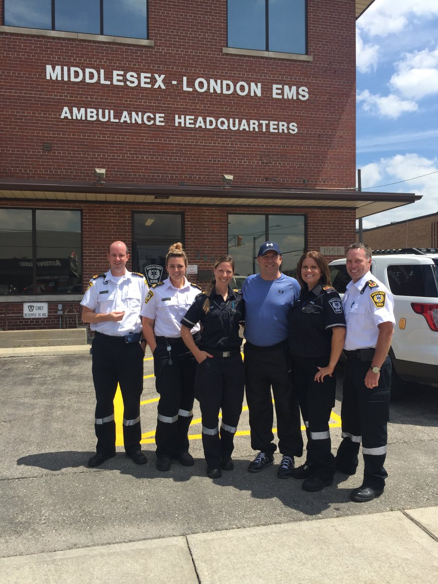 Mike Galbraith (third from right) traveled from Sarnia to London on July 18 to meet with the paramedics who saved his life in February, and to pay it forward.