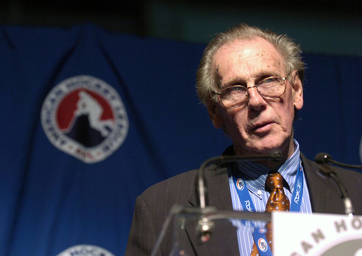 In this Jan. 29, 2007, photo provided by the American Hockey League, Dick Gamble speaks during AHL Hall of Fame induction ceremonies in Toronto.