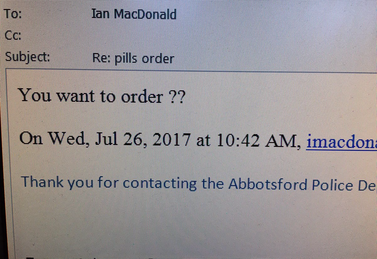 The email MacDonald received included a price list for fentanyl, roxycodone, and cyanide