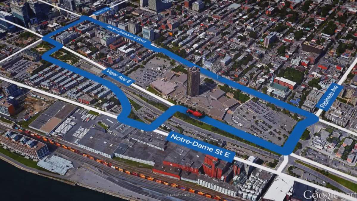 A map of the temporary street course for the Formula E race in Montreal, taking place July 29 and 30, 2017.