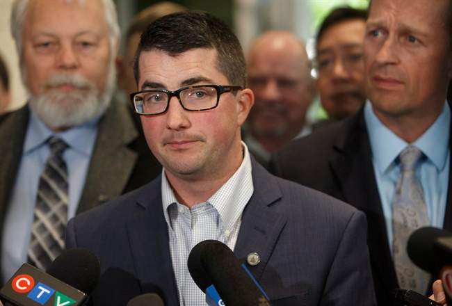 United Conservative Party interim leader Nathan Cooper speaks to media after the first meeting the new United Conservative Party caucus in Edmonton Alta, on Monday July 24, 2017.