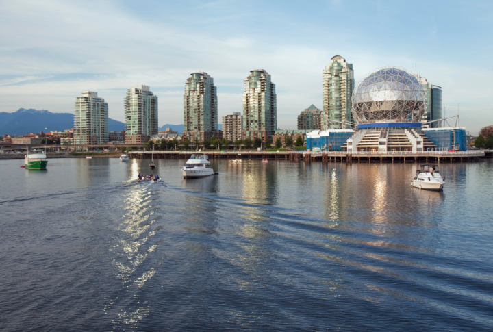Vancouver Science World skyline from the water of False Creek.