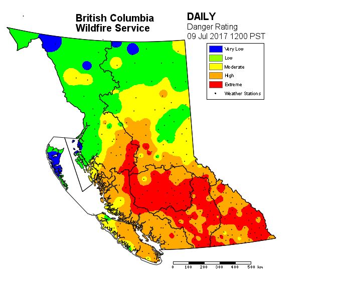 B.C.’s fire danger rating for July 9, 2017.