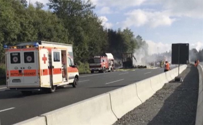 18 feared dead in fiery Bavarian bus crash 30 injured.