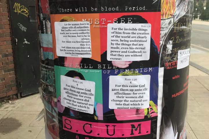 Hamilton Fringe Festival posters were defaced with Bible verses. Hamilton police are now investigating as a hate crime.