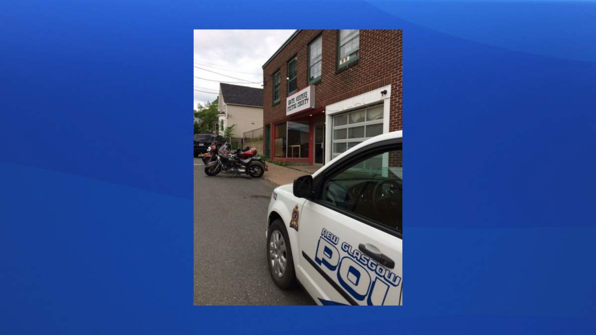 A New Glasgow police vehicle sits outside the New Glasgow Chapter of the Gatekeepers Motorcycle Club on Saturday, July 15, 2017. 