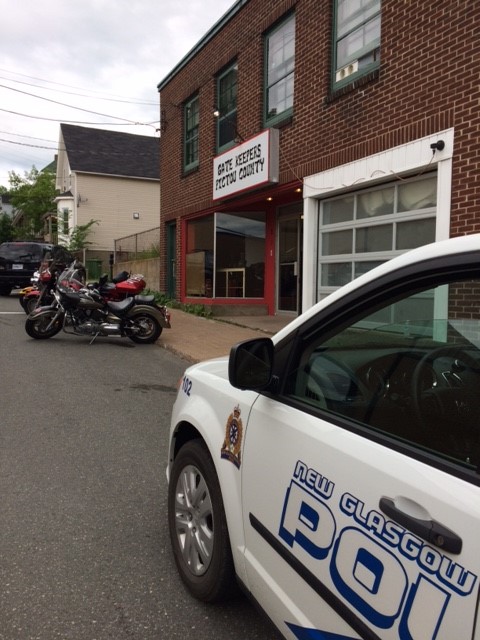 A New Glasgow police vehicle sits outside the New Glasgow Chapter of the Gatekeepers Motorcycle Club on Saturday, July 15, 2017. 