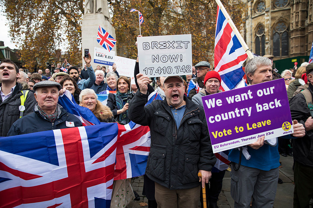  Pro-Brexit demonstrators protest outside the Houses of Parliament on November 23, 2016 in London, England. 