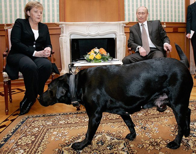 Russian President Vladimir Putin and German Chancellor Angela Merkel are watched by Putin’s dog Koni as they address journalists after their meeting in Sochi, Russia, Jan. 21, 2007.