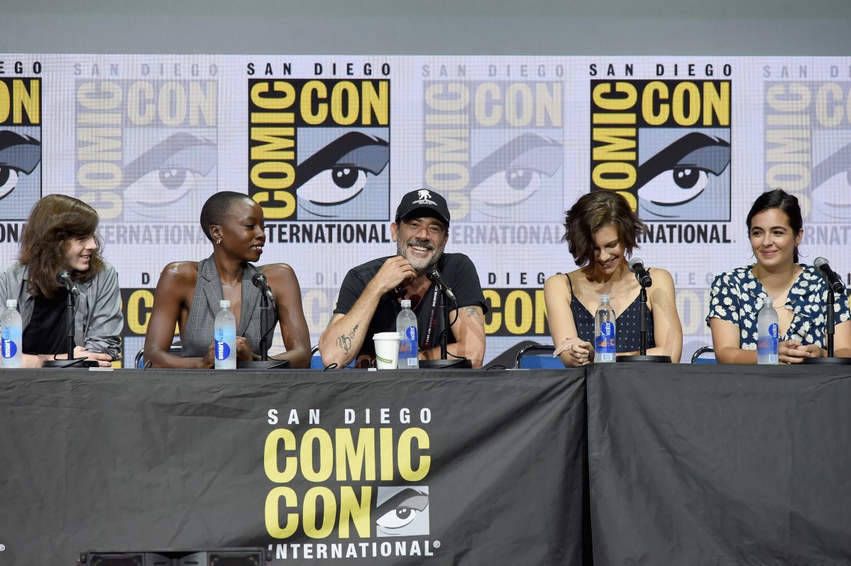 (L-R) Actors Chandler Riggs, Danai Gurira, Jeffrey Dean Morgan, Lauren Cohan, and Alanna Masterson speak onstage at Comic-Con International 2017  AMC's "The Walking Dead" panel at San Diego Convention Center on July 21, 2017 in San Diego, California. 