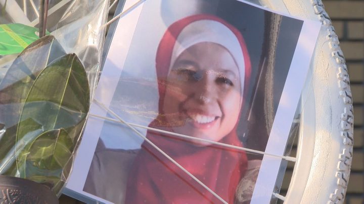 A photo of Meryem Anoun can be seen on a ghost bike installed in her memory in Rosemont. Friday, July 21, 2017.