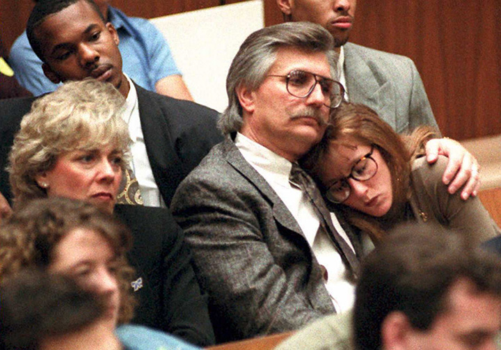 The family of Ronald Lyle Goldman sits in court on March 8, 1995, during O.J. Simpson’s murder trial in Los Angeles, Calif.